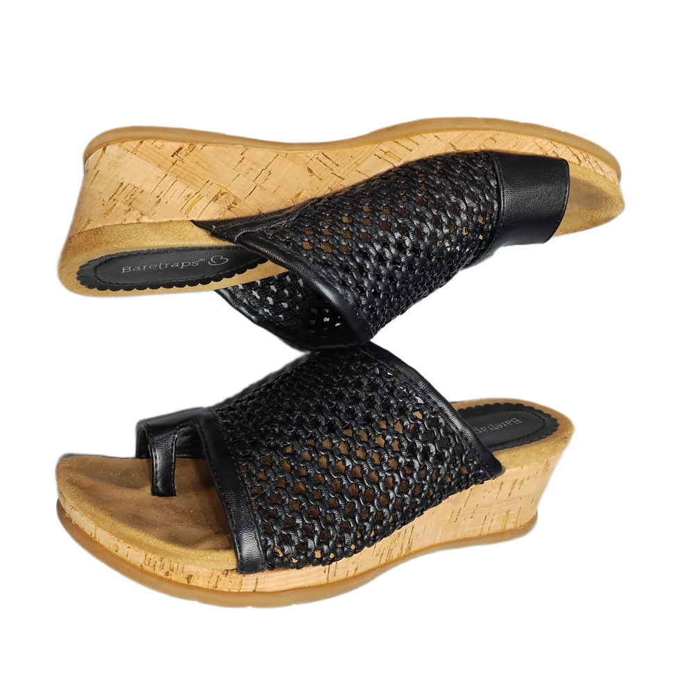 Baretraps Bethie Wedge Sandals Womens 6 Black Brown Comfortable Toe Loop Slip On